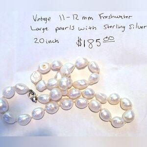 Antique 20 inch long, 11-12mm large natural saltwater pearl necklace with .925.